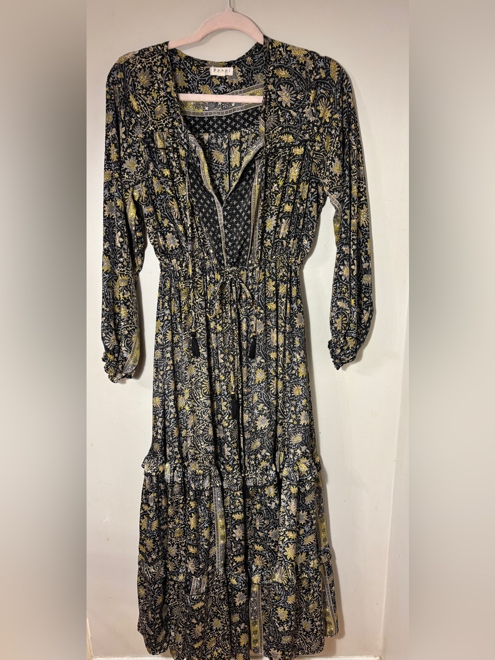 Paani Black & Gold Shimmer Fall Ornamental Whimsical Paisley Boho Maxi Dress S